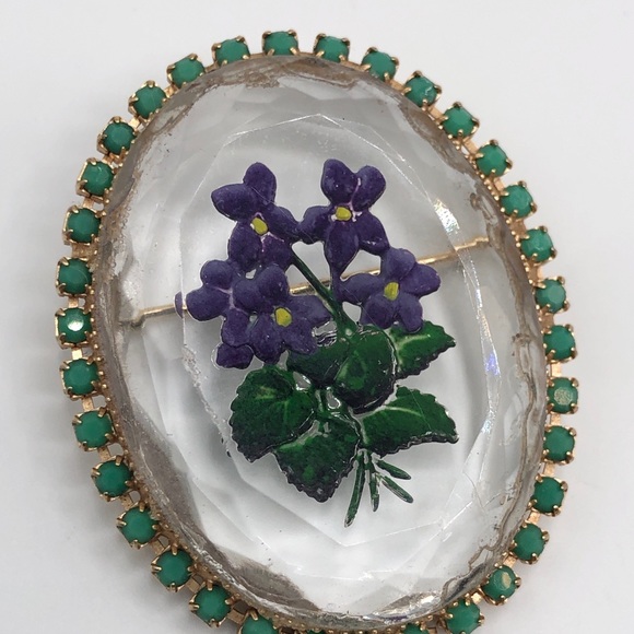 Vintage Reverse Hand Painted Glass Rhinestone Pin - Picture 9 of 9